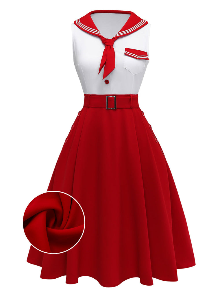 Rot 1950er Sailor Collar Gürtel Ärmellos A-Linie Kleid