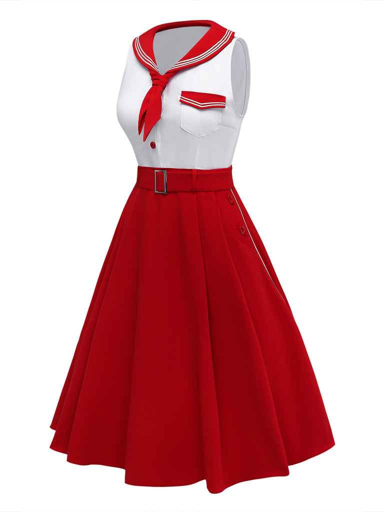 Rot 1950er Sailor Collar Gürtel Ärmellos A-Linie Kleid