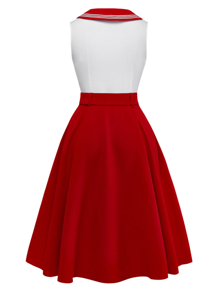 Rot 1950er Sailor Collar Gürtel Ärmellos A-Linie Kleid