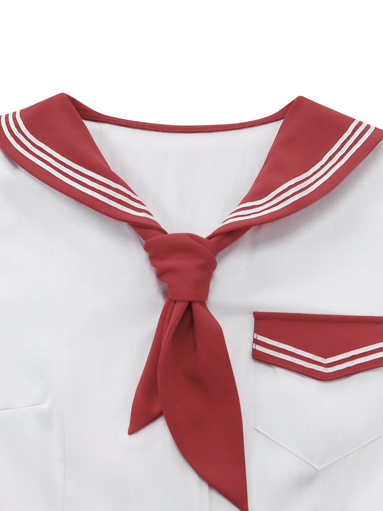 Rot 1950er Matrosenkragen Gürtel Ärmellos A-Linie Kleid