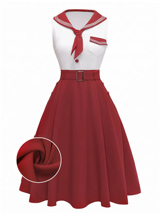 [Vorverkauf] Rot 1950er Matrosenkragen Gürtel Ärmellos A-Linie Kleid