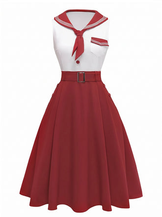 [Vorverkauf] Rot 1950er Matrosenkragen Gürtel Ärmellos A-Linie Kleid