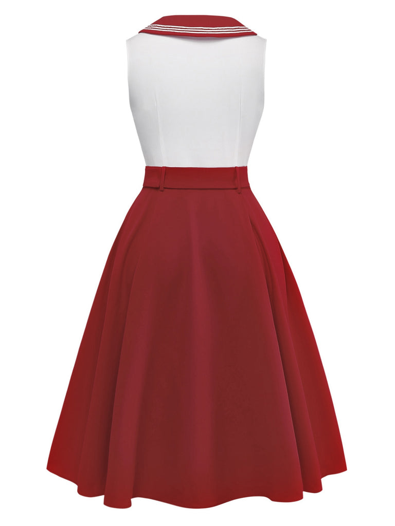 Rot 1950er Matrosenkragen Gürtel Ärmellos A-Linie Kleid