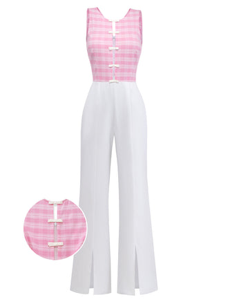 Rosa 1940er Kariert Cutout Ärmellos Split-Leg Jumpsuit