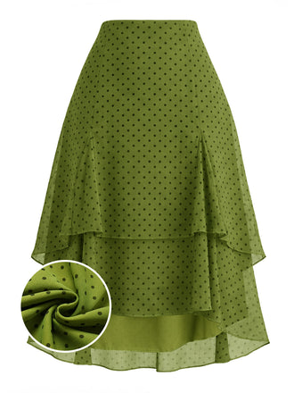 Grüner 1950er Chiffon Polka Dot Rüschen Asymmetrischer Rock