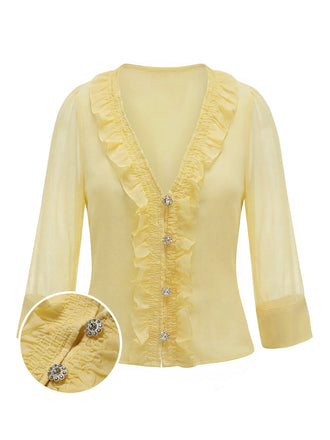 Hellgelbe 1940er Rüschen V-Ausschnitt Bluse