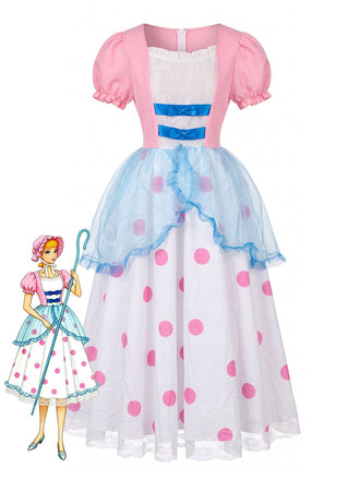 40er Kleid mit Puffärmeln und Polka-Dots, Bo-Peep-Cosplay-Stil in Rosa