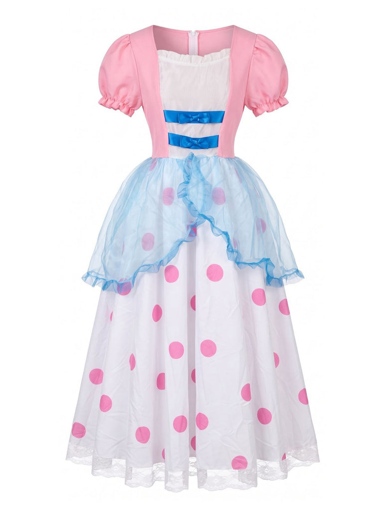 40er Kleid mit Puffärmeln und Polka-Dots, Bo-Peep-Cosplay-Stil in Rosa