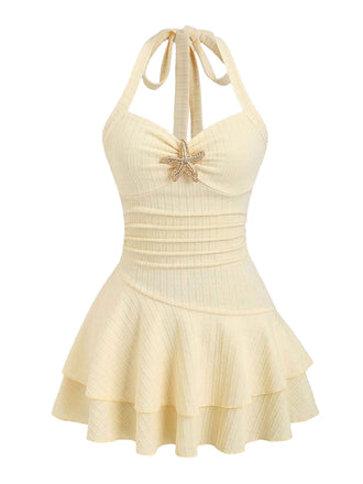 Gelbes 1960er Jahre strukturiertes Metall-Seestern-Neckholder-Mehrlagiges Minikleid