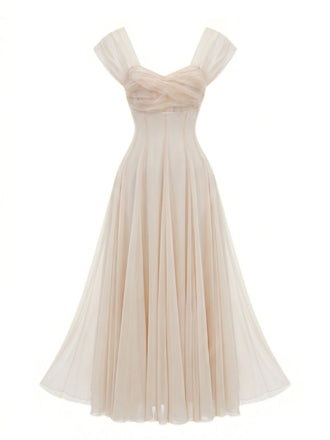Beige 1930er Herzausschnitt Flügelärmel Netz Fischbein Kleid