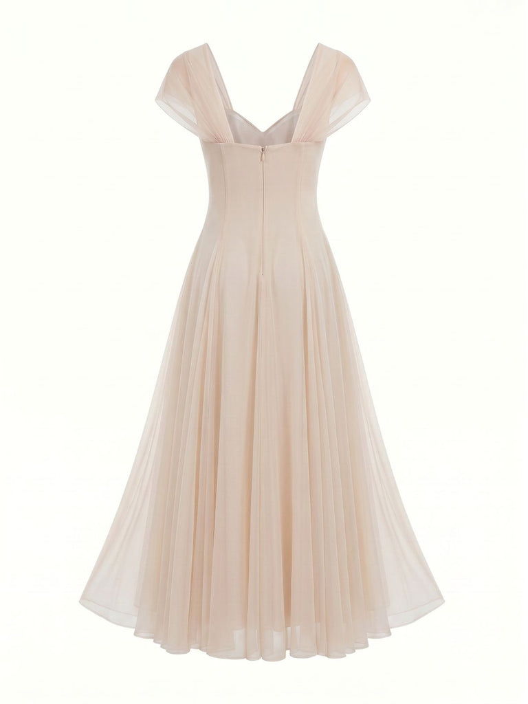 Beige 1930er Herzausschnitt Flügelärmel Netz Fischbein Kleid