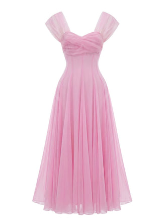 [Vorverkauf] Rosa 1930er Herzausschnitt Flügelärmel Netz Fischbein Kleid