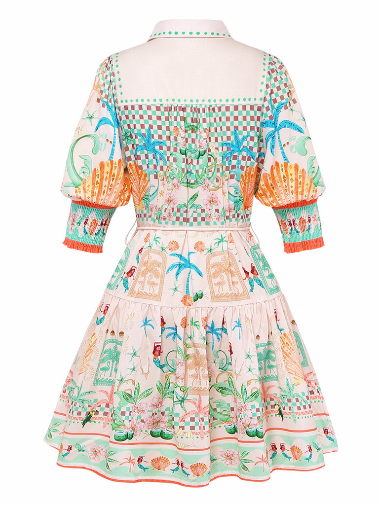 Orangefarbenes 1970er Boho-Pastelldruck-Knopf-Kleid mit Taillenbund