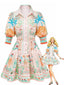70er Kleid mit Pastell-Print, Knopf und Taillenbinde in Orange