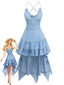 Blau 1960er Spaghetti Träger Denim High-Low-Saum Kleid