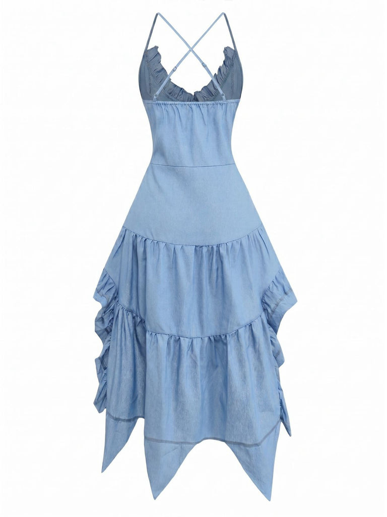 Blau 1960er Spaghetti Träger Denim High-Low-Saum Kleid
