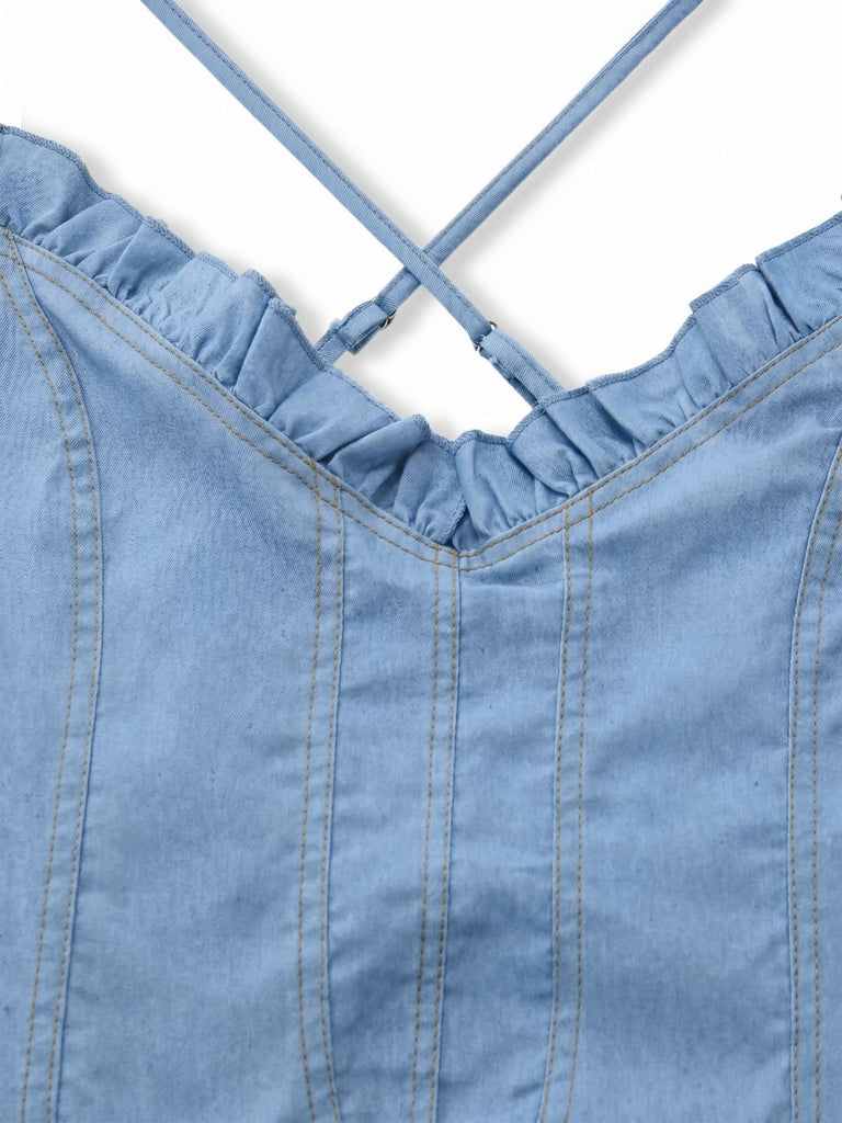 Blau 1960er Spaghetti Träger Denim High-Low-Saum Kleid