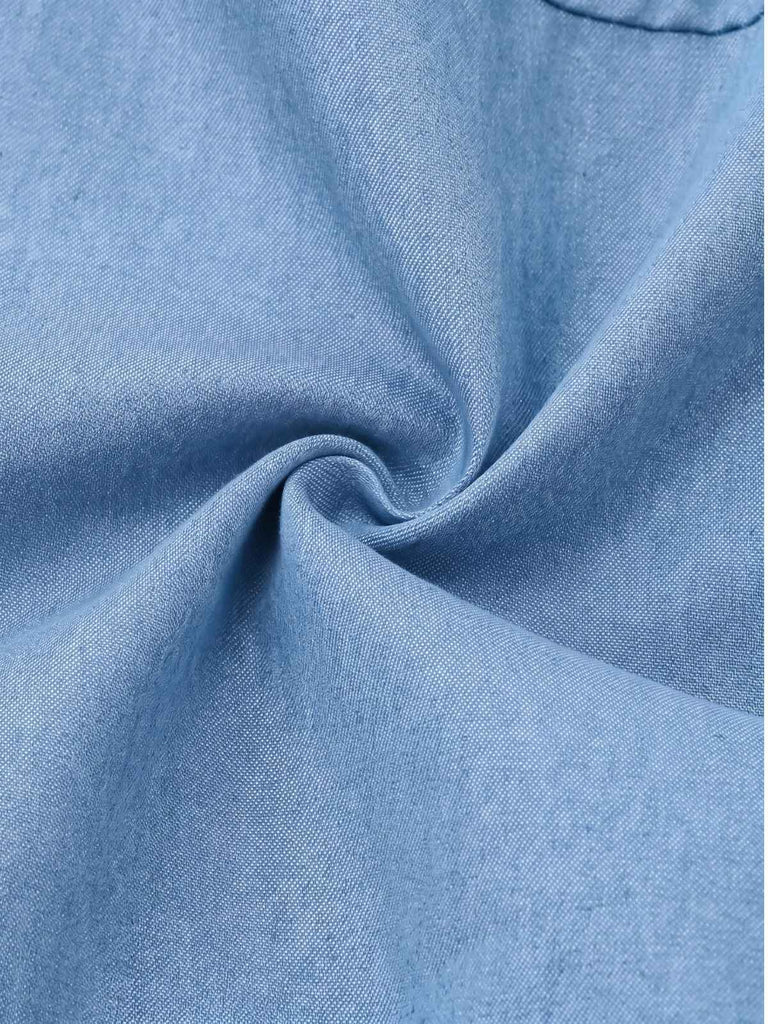 Blau 1960er Spaghetti Träger Denim High-Low-Saum Kleid