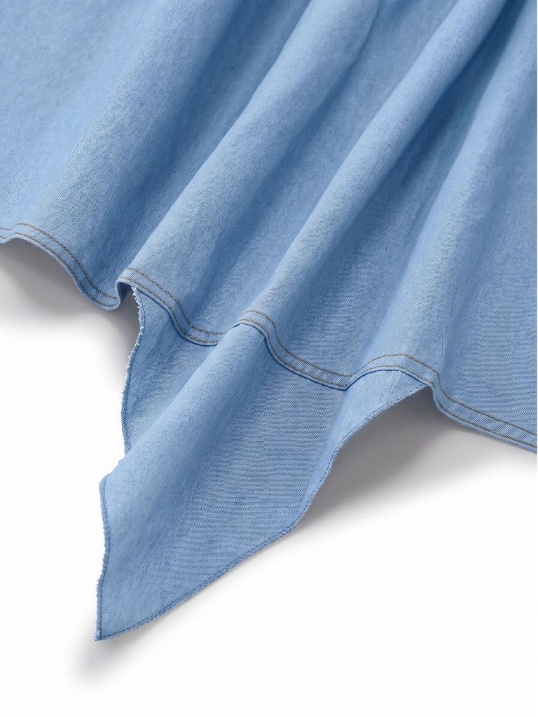 Blau 1960er Spaghetti Träger Denim High-Low-Saum Kleid