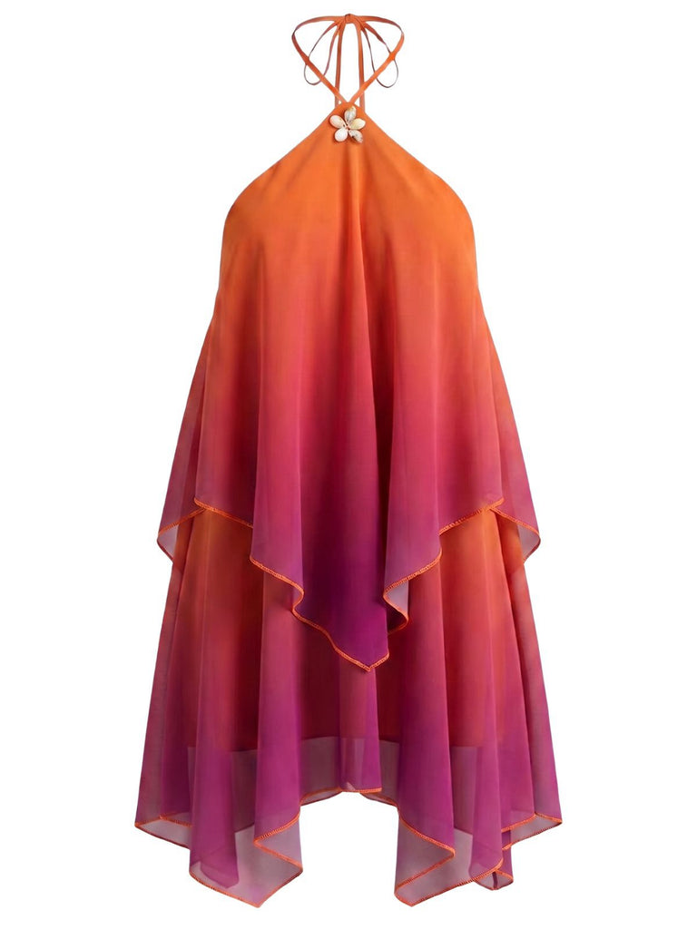 Orange 1960er Farbverlauf Halter Gestuft Chiffon Mini Kleid