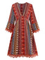 Mehrfarbig 1970er Boho V-Ausschnitt Gestuft Ärmel Kleid
