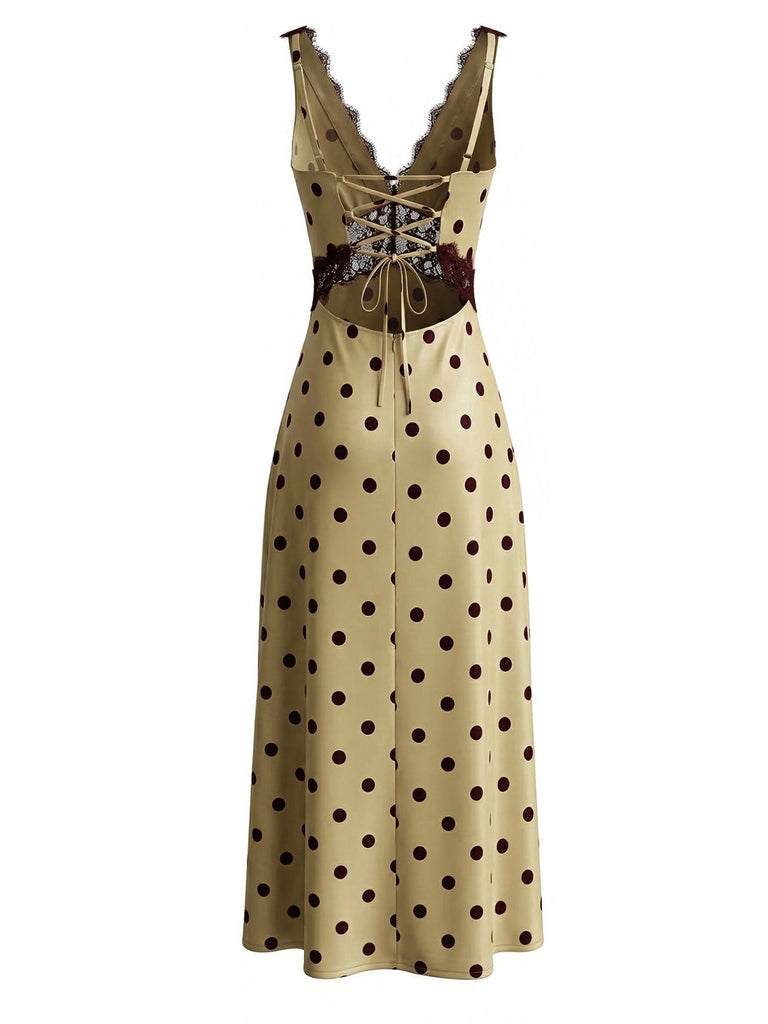 Khaki 1930er V-Ausschnitt Polka Dot Spitzenbesatz Ärmelloses Kleid