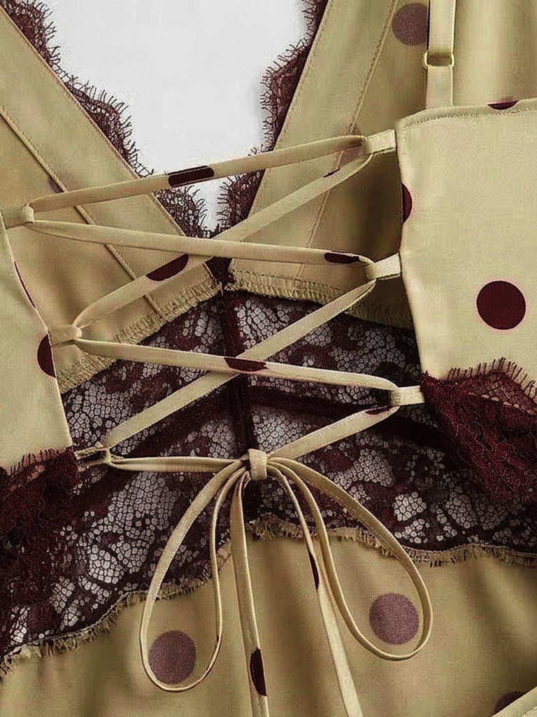 Dunkelkhakifarbenes, gepunktetes Maxikleid aus Spitze im Stil der 1930er Jahre mit Neckholder, Größe 4