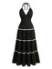 Schwarz 1930er Halter Rückenfrei Farbblock Maxi Kleid