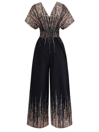 Schwarzer 50er Jumpsuit mit V-Ausschnitt und Hohe Taille