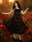 Schwarzes 30er Slip-Kleid mit Rosen und V-Ausschnitt