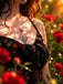 Schwarzes 30er Slip-Kleid mit Rosen und V-Ausschnitt
