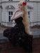 Schwarzes 30er Slip-Kleid mit Rosen und V-Ausschnitt