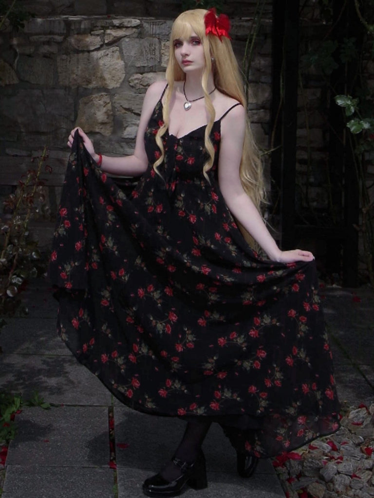 Schwarzes 30er Slip-Kleid mit Rosen und V-Ausschnitt