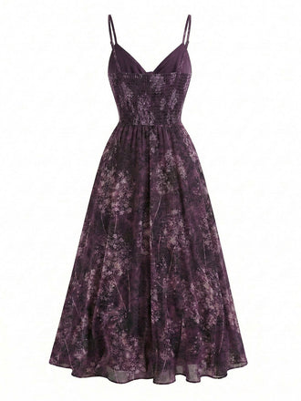 Lila 1930er Blumen V-Ausschnitt Boho Slip Kleid