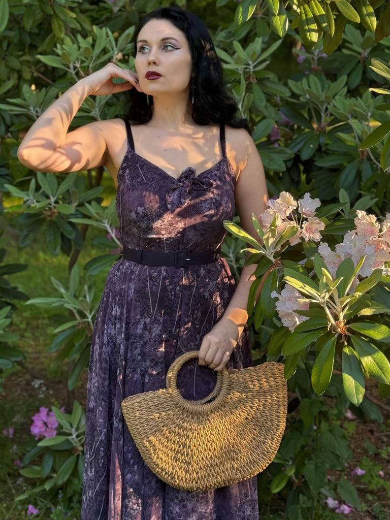 Lila 1930er Blumen V-Ausschnitt Boho Slip Kleid