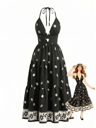 Schwarzes 70er Bohemian Maxikleid mit Neckholder und rückenfrei