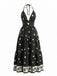 Schwarzes 70er Bohemian Maxikleid mit Neckholder und rückenfrei