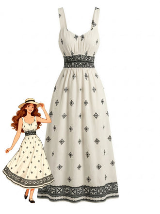 Beige 1970er Bohemian Wide-Träger Gerüschtes Kleid