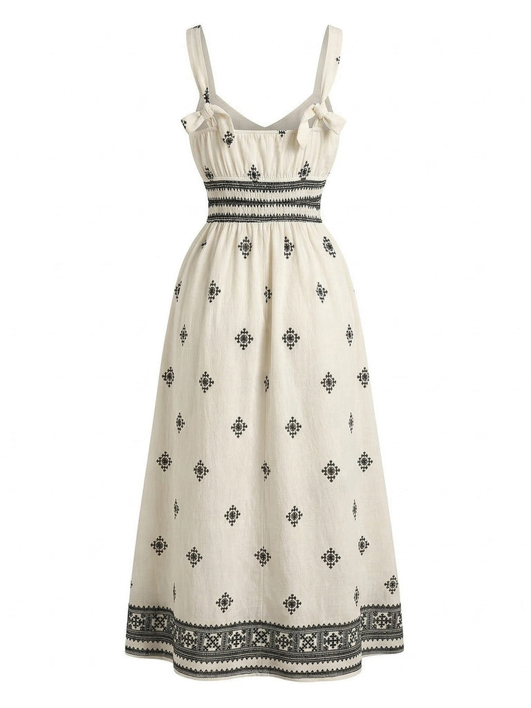 Beige 1970er Bohemian Wide-Träger Gerüschtes Kleid