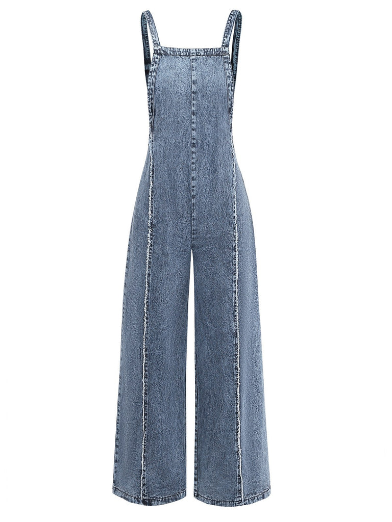 [Vorverkauf] Blau 1970er Jeansstoff Weites Bein Overalls Ausgefranst Jumpsuit