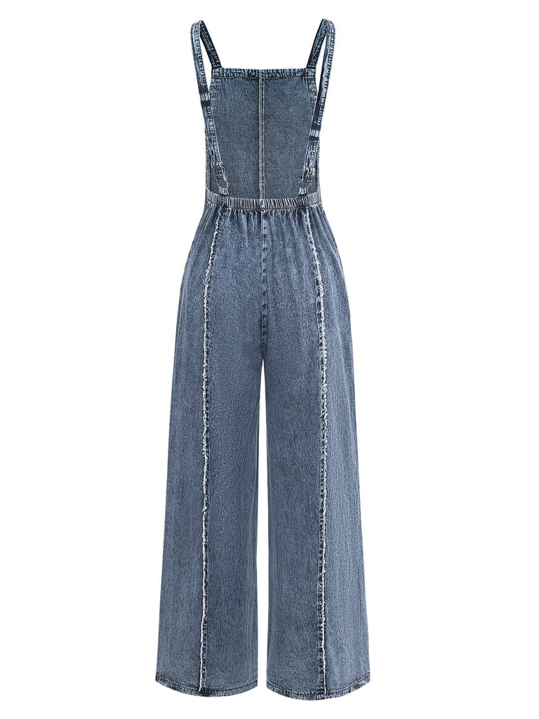 [Vorverkauf] Blau 1970er Jeansstoff Weites Bein Overalls Ausgefranst Jumpsuit