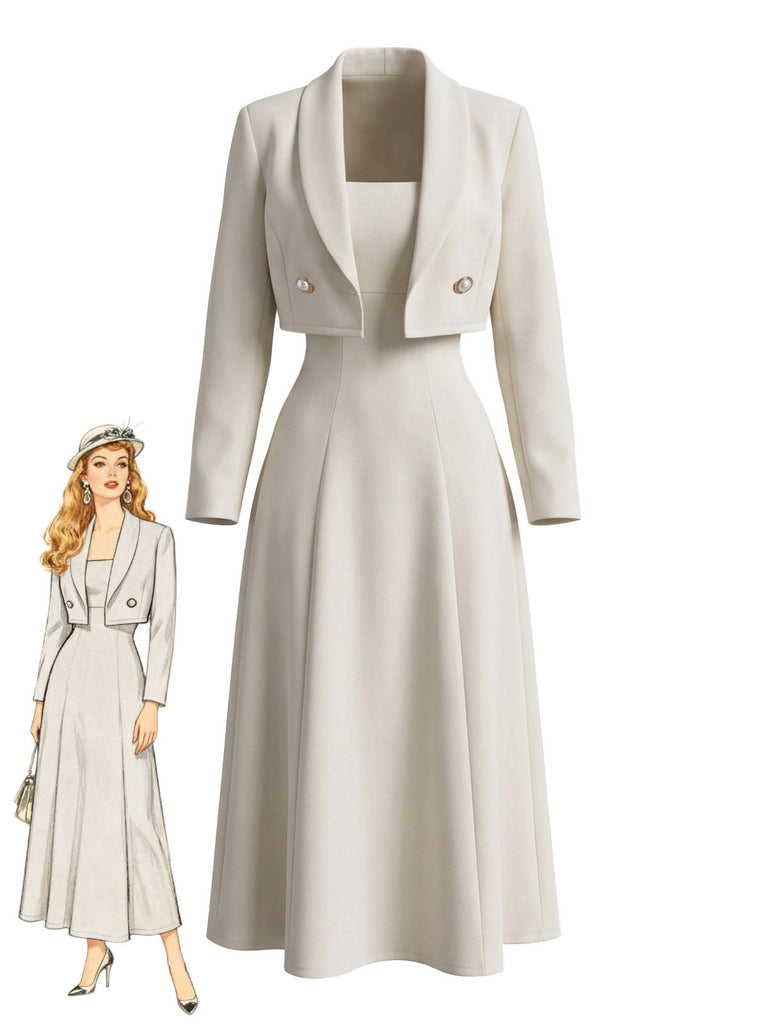 Elfenbein 50er Zweiteiler mit Midikleid und Bolero-Jacke