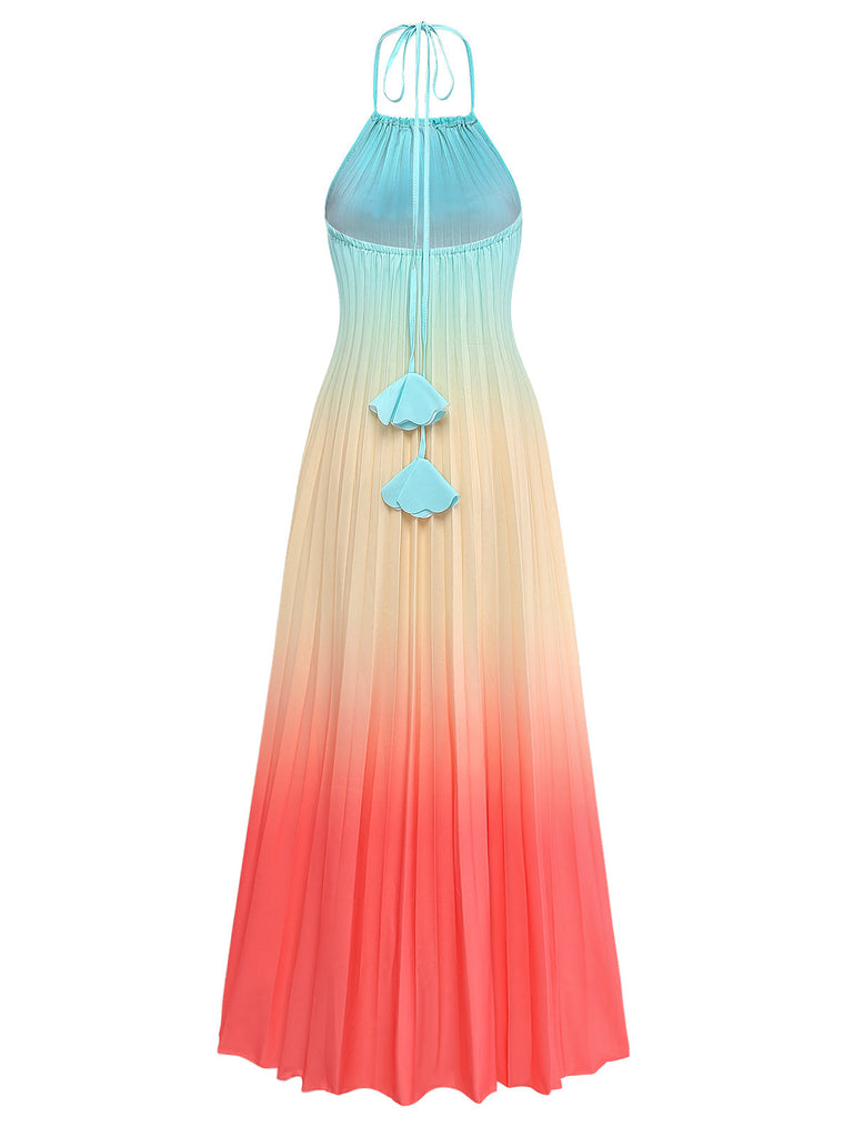 Mehrfarbiges 1930er Neckholder Gradient Plissiertes Maxikleid