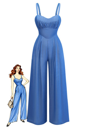 Blauer 1950er-Denim-Spaghetti-Träger-Gerafft-Jumpsuit