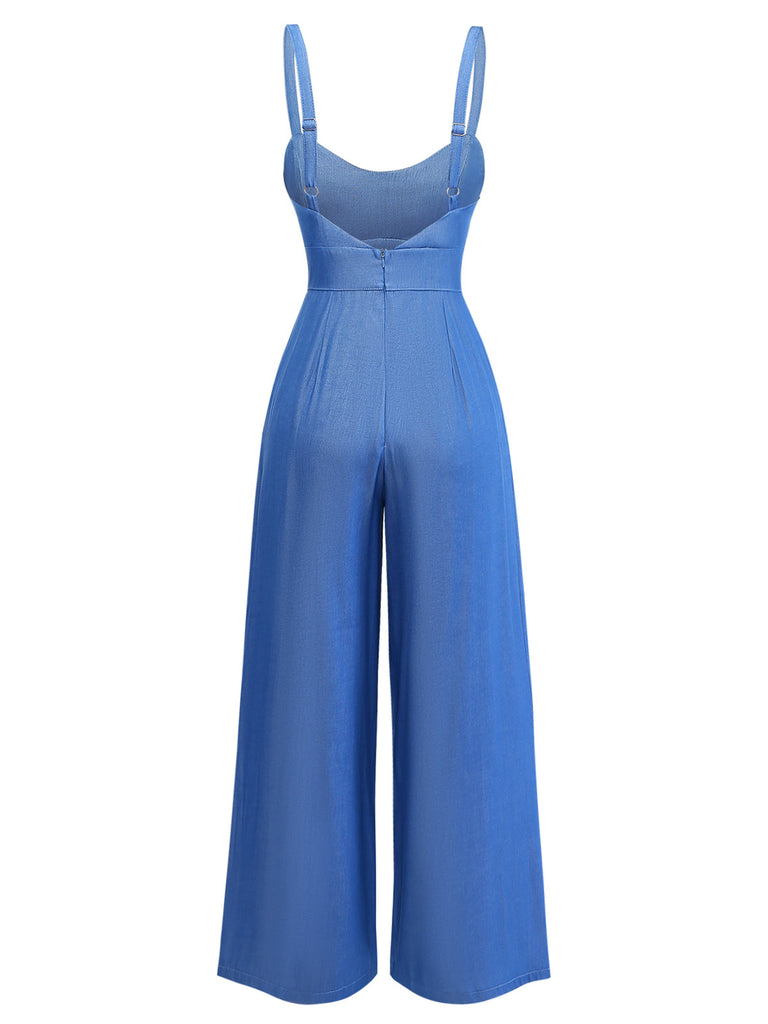 Blauer 1950er-Denim-Spaghetti-Träger-Gerafft-Jumpsuit
