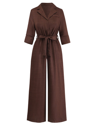 Dark Coffee 1950s V Neck Belted Jumpsuit 5