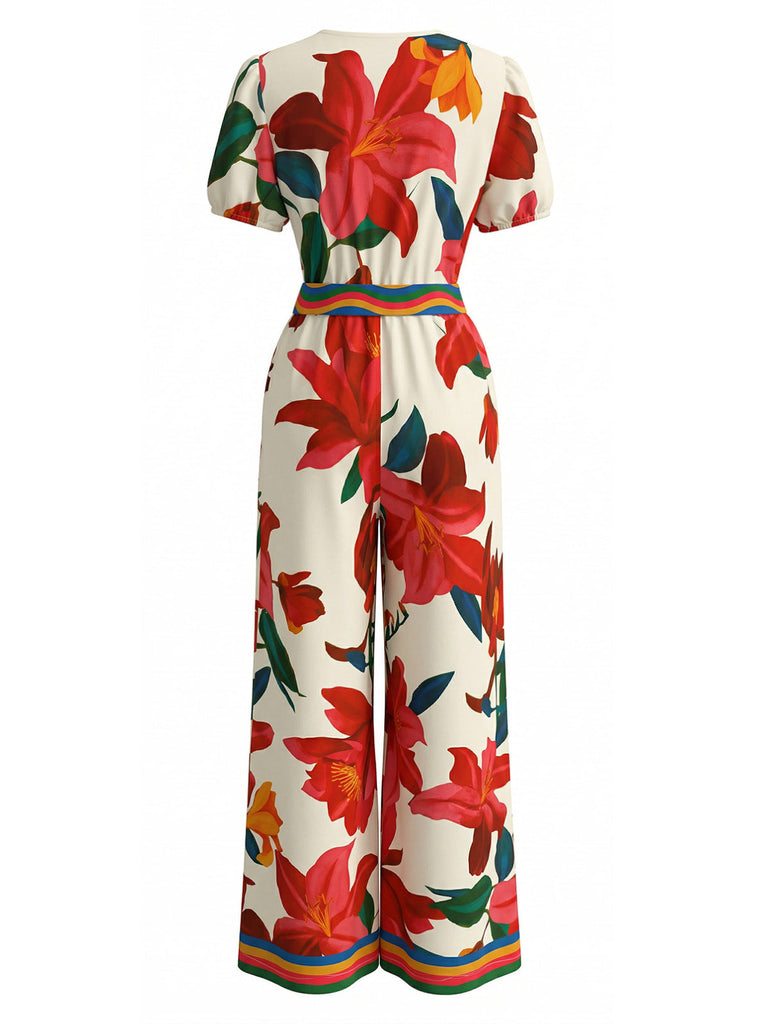 Roter Blumen-Jumpsuit aus den 1980er Jahren mit kurzen Ärmeln, weitem Bein und Gürtel