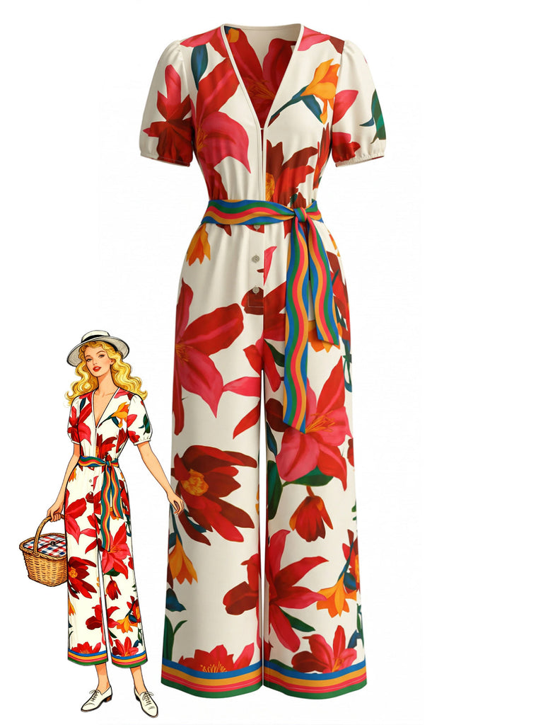 Roter Blumen-Jumpsuit aus den 1980er Jahren mit kurzen Ärmeln, weitem Bein und Gürtel