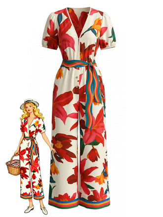 Roter Blumen-Jumpsuit aus den 1980er Jahren mit kurzen Ärmeln, weitem Bein und Gürtel