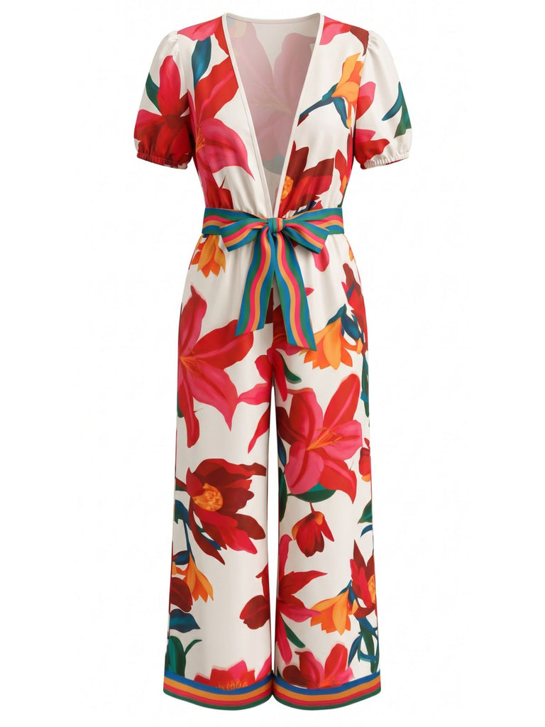 Rot 1980er Blumen Kurzarm Weites Bein Gürtel Jumpsuit